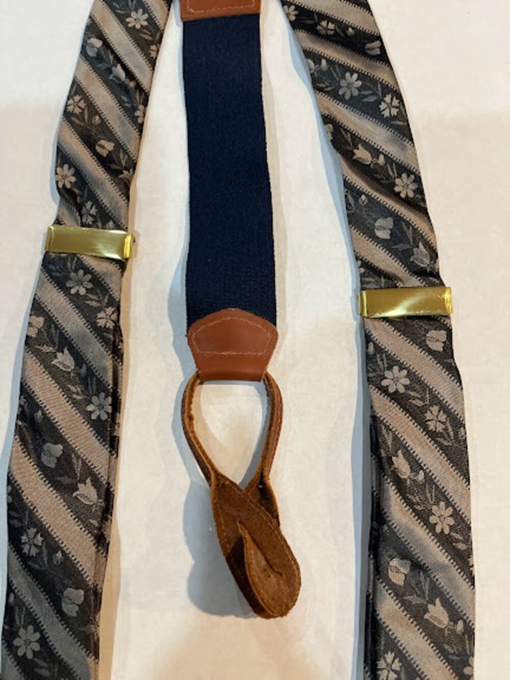 Silk Suspenders Braces Gray Black Floral Stripe Brown Leather Fully Expandable